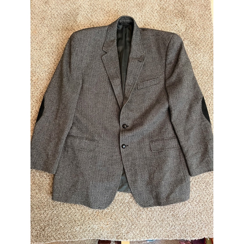 Lauren Ralph Lauren Mens Sport Coat 44R Grey Herringbone Wool Elbow Patch Blazer